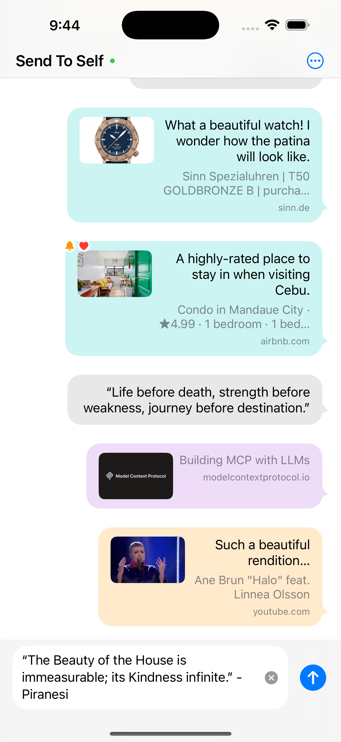 Send To Self main interface showing chat-style bookmarks
