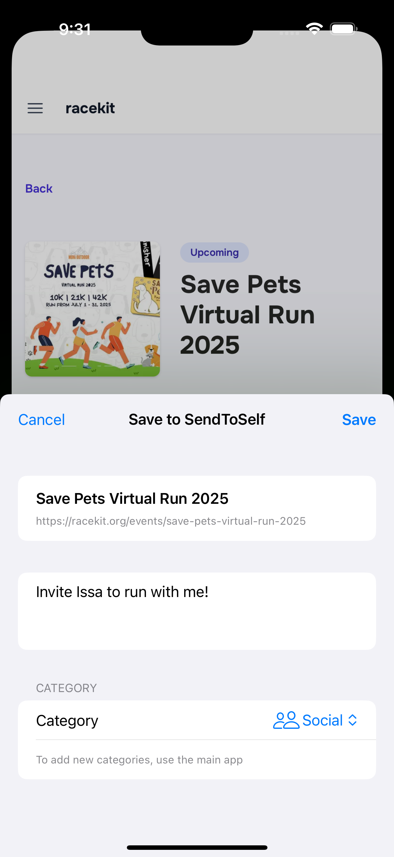 Send To Self category view and organization